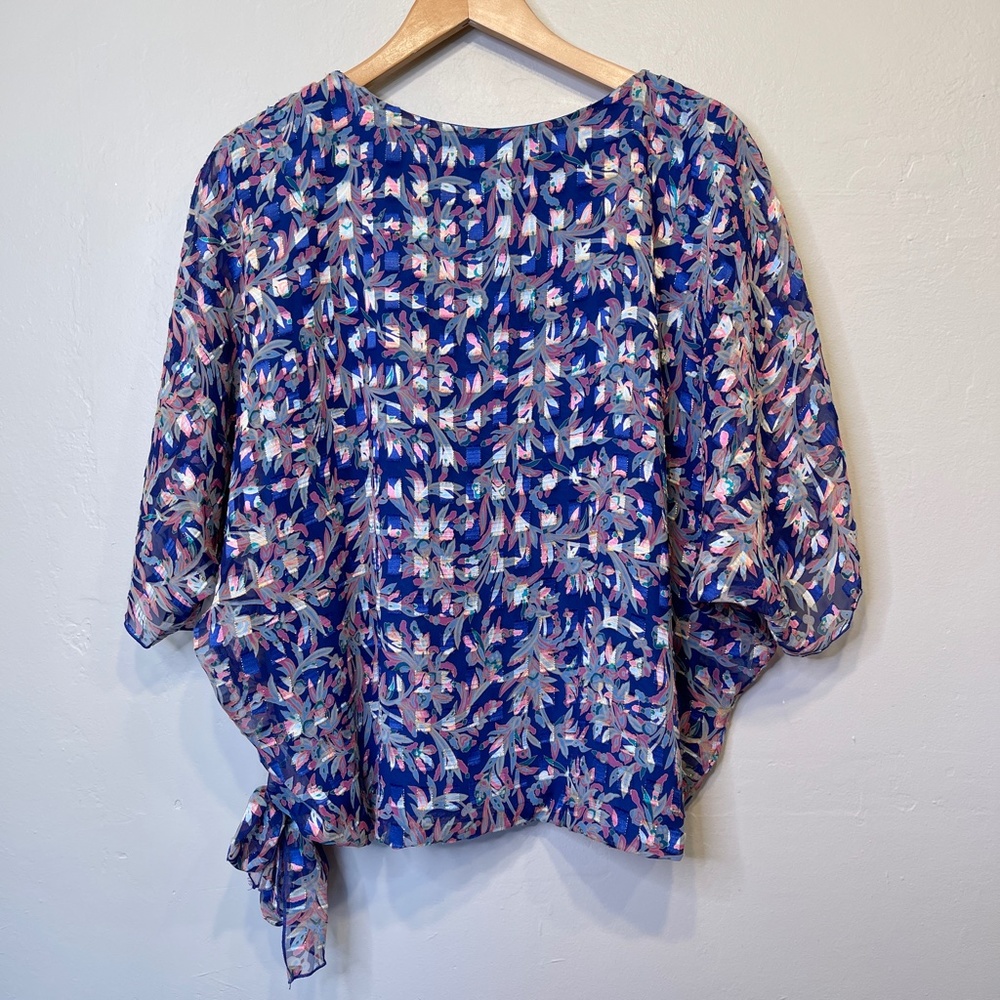 Sia Sia NY VTG Mesh Overlay Check Print Metallic Threading Side Tie Knot Blouse - Picture 4 of 17